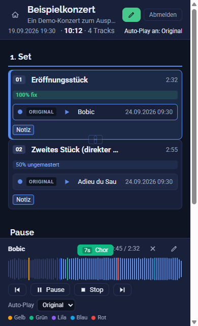 Konzertplaner auf dem Handy: Programm mit Set, Songs und Track-Versionen, darunter der Player mit Wellenform, farbigen Zeit-Markern und Auto-Play