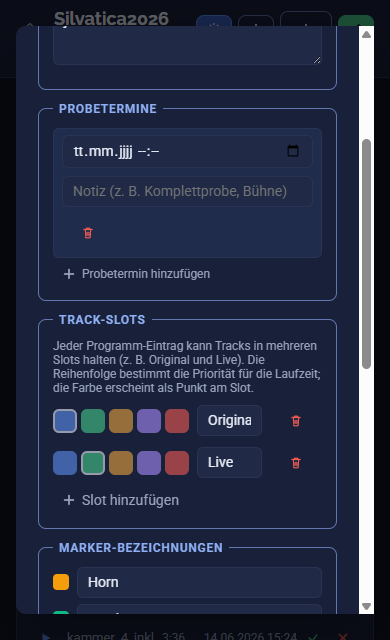 Einstellungs-Dialog mit dem Bereich Track-Slots: zwei Zeilen „Original“ und „Live“, davor jeweils fünf Farbkacheln zur Auswahl