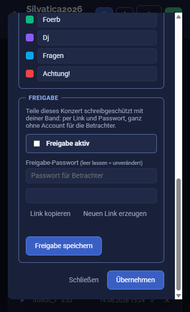 Freigabe-Bereich in den Einstellungen: Schalter „Freigabe aktiv“, ein Freigabe-Passwortfeld und die Knöpfe „Link kopieren“ und „Neuen Link erzeugen“