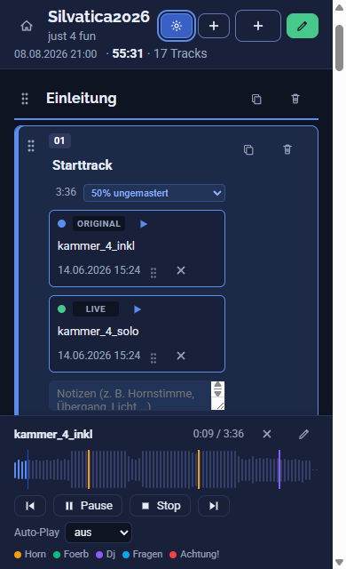 Player am unteren Rand mit Wellenform, farbigen Markern, Steuerung, Auto-Play-Auswahl und der Marker-Legende