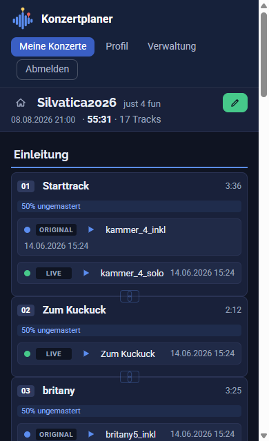 Fertiges Konzertprogramm im Lesemodus mit Abschnitten, nummerierten Songs, Track-Namen, Längen und Status