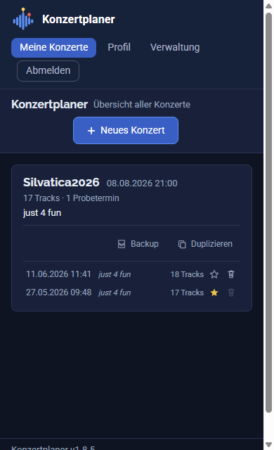 Konzert-Übersicht mit der Karte „Silvatica2026“ und darunter mehreren gesicherten Versionen mit Datum und Track-Anzahl